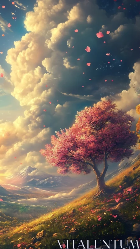 Blossoming sakura tree overlooks sunlit valley and mountains