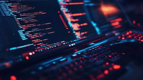 Ultrawide monitor code interface with neon cyber lighting.