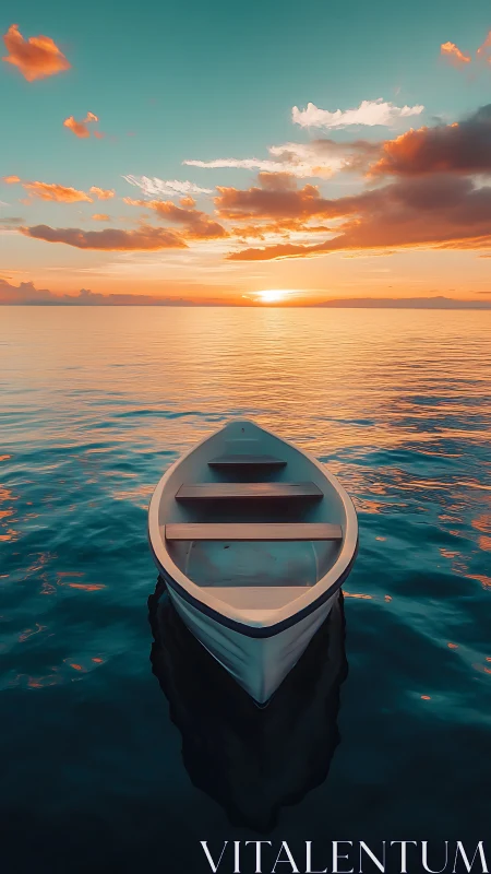 Gentle rowboat invites quiet reflection on glowing sunset sea