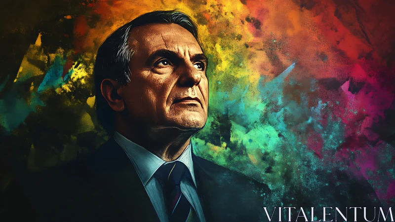 Digital portrait of solemn man against vivid abstract field.