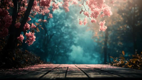 Blossom framed forest path under soft misty light.