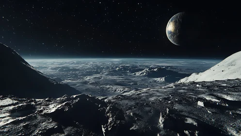 Lunar horizon panorama under distant illuminated planet.