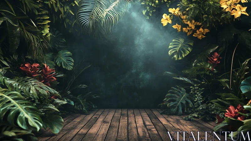 Lush jungle stage invites calm moments in soft dappled light