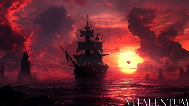 Crimson sunset voyage with a lone sailing ship at sea.