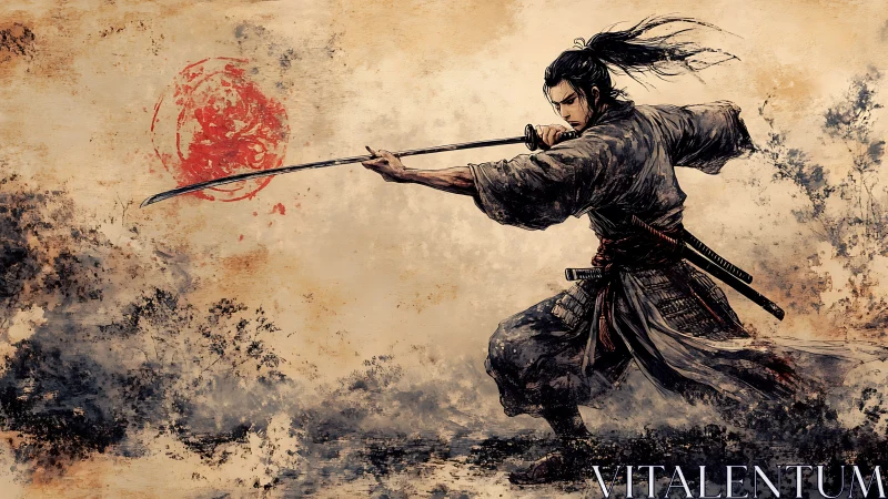 Samurai swordsman in dynamic combat stance on textured field.