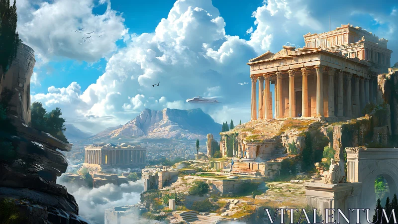 Neo-classical sky temple digital painting with epic vistas.