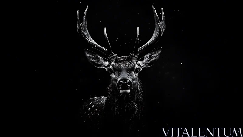 Monochrome frontal view of stag with antlers on black background.