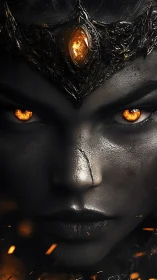 Fiery-eyed dark queen glares with molten crown aglow.