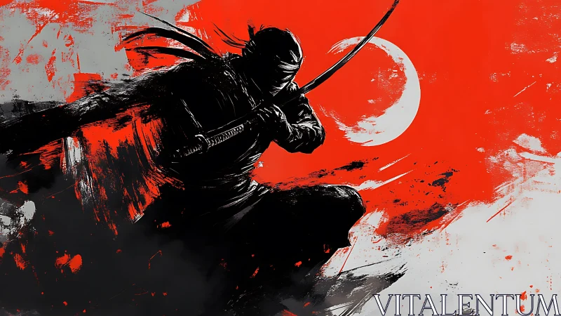 Shadowed ninja warrior poised before a scarlet moon.