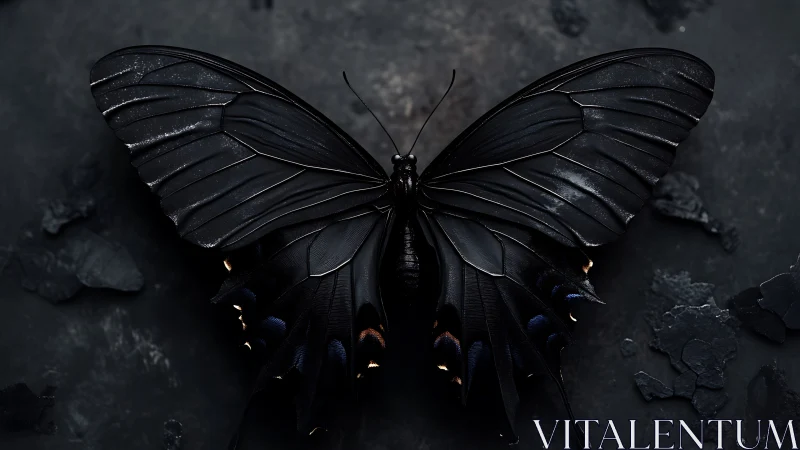 Black butterfly rests on textured dark stone surface