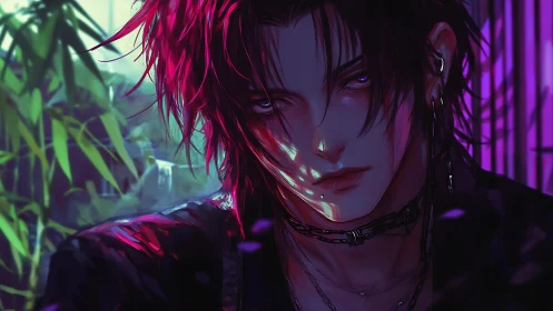 Neon-lit punk portrait with intense violet gaze and scars.