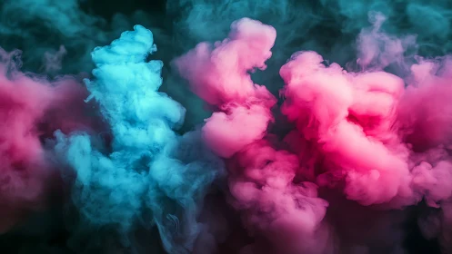 Colored smoke plumes in cyan and magenta against dark field.