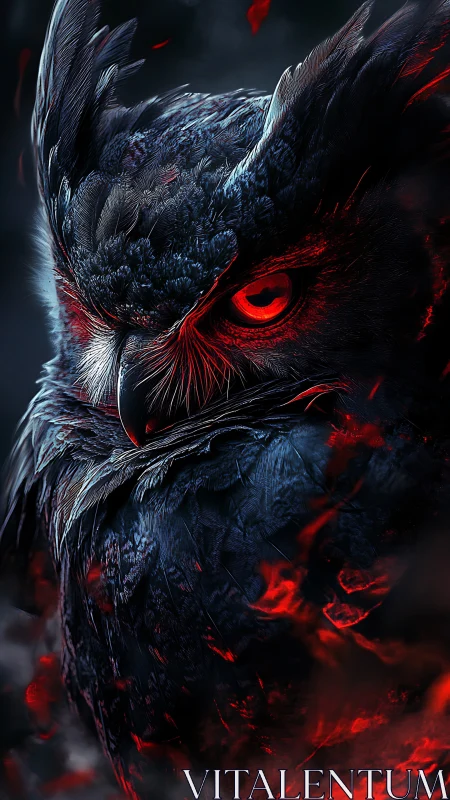 Infernal nocturnal raptor with ember-lit plumage and blazing eye