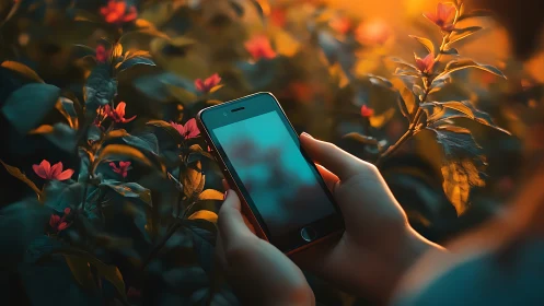 Sunlit smartphone cradled among glowing garden blossoms.