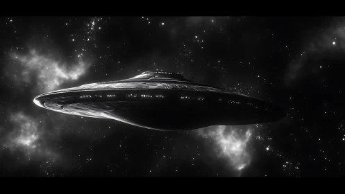 Elliptical starship hull cuts across nebular field in deep space