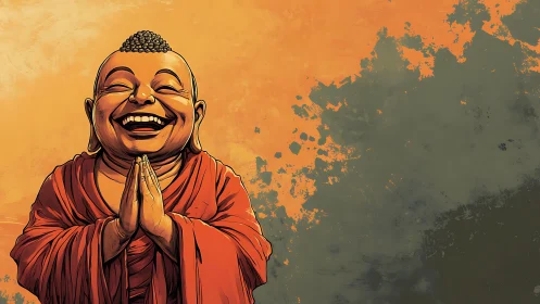 Laughing monk embodies calm joy against warm abstract field.
