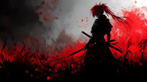 Backlit red-haired swordsman in tri-blade combat stance silhouette.
