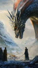 Brave wanderers meet a towering dragon in snowy mountains.