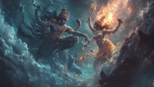 Divine celestial duel in storm-lit mythic cloudscape.