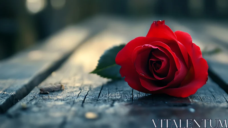 Red Rose on Weathered Wooden Surface