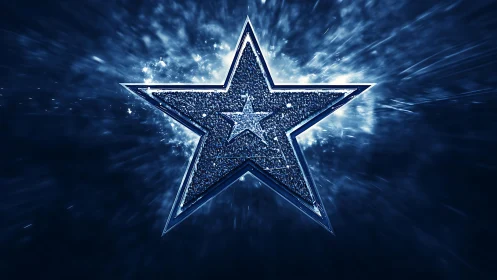 Metallic blue star emblem with glowing burst background.