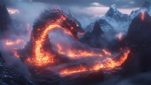 Fiery mountain dragon winding through glowing lava valley.