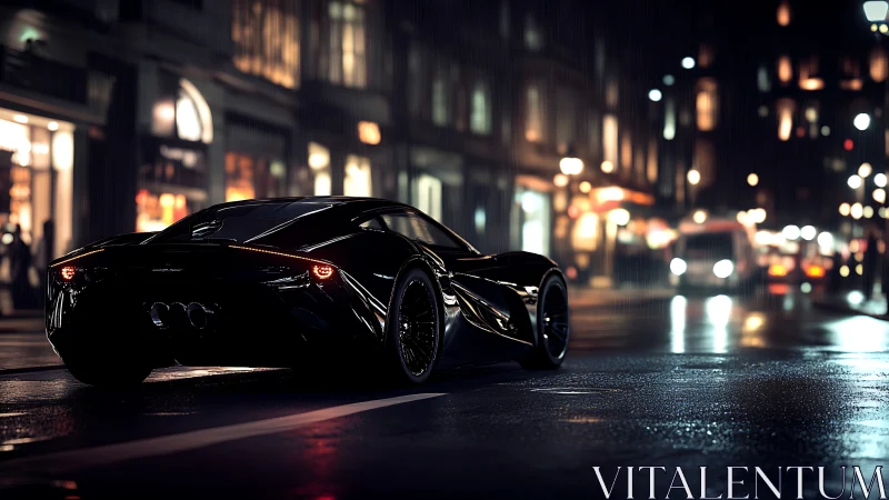 Sleek black hypercar idles on rain-slicked urban boulevard