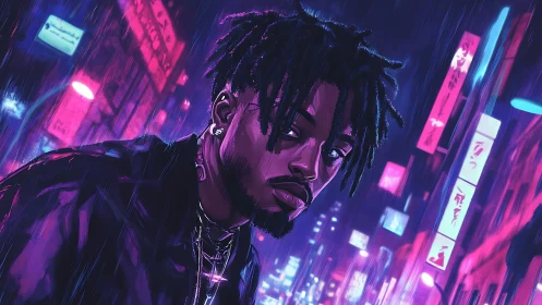 Stylized portrait shows figure in neon city street at night
