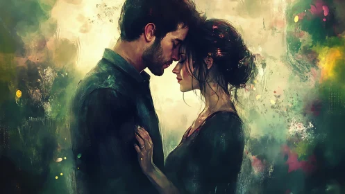 Impressionistic portraiture of intimate human connection and emotional convergence.