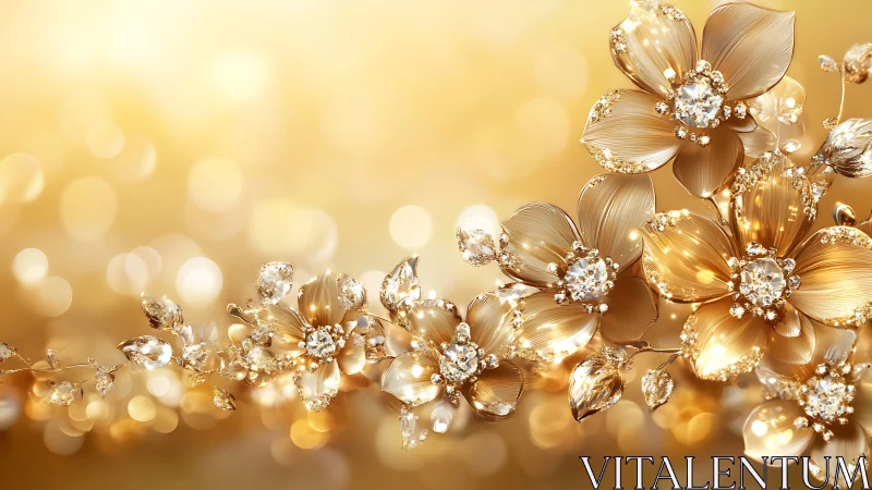 Golden floral jewelry motif with diamond-like blossoms.