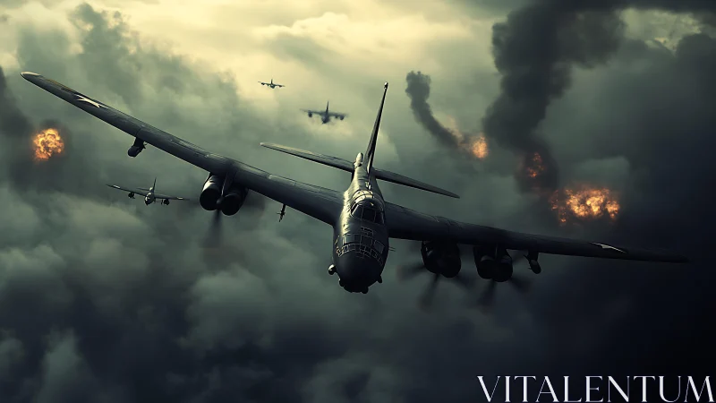 Military bomber aircraft squadron in cloudy combat sky.