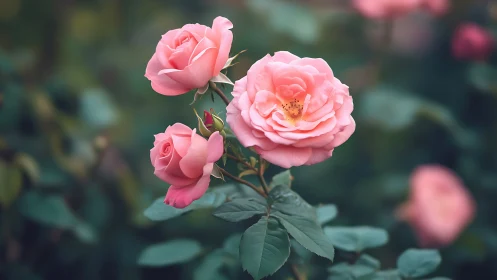 Pink Garden Roses: Soft Petals and Golden Stamens in Botanical Focus