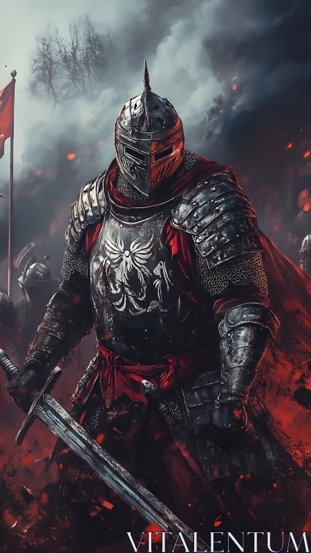 Armored knight amid embers on storm-dark battlefield panorama.