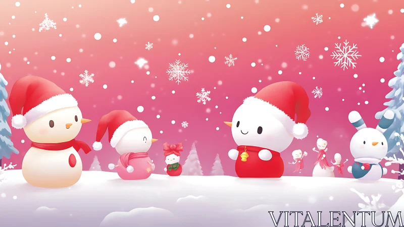 Cute snow characters in red Santa hats on snowy hill.