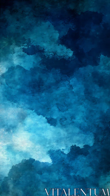 Deep blue watercolor clouds drift across an abstract sky