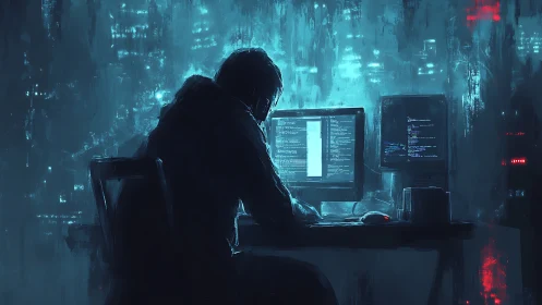 Hooded programmer works at dual monitors in dark blue room