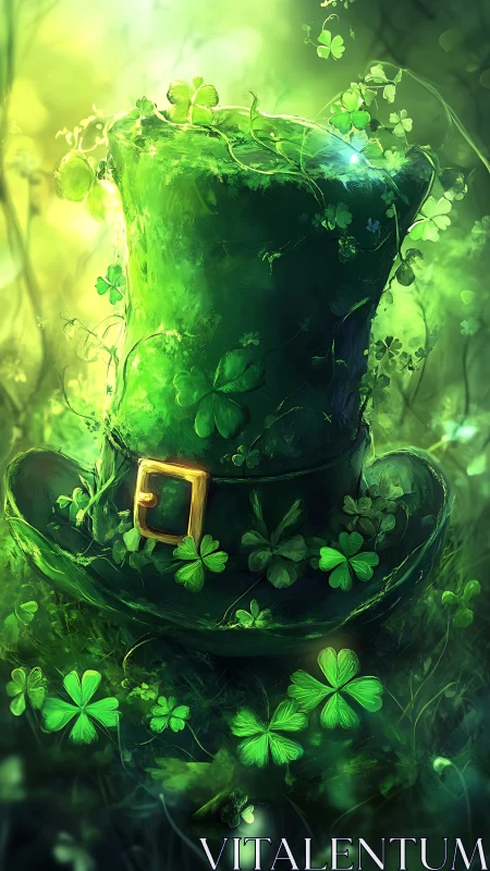 Emerald leprechaun hat with clover overgrowth glows in bokeh forest
