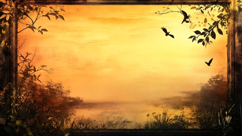 Sunset forest silhouette frames misty lake with birds