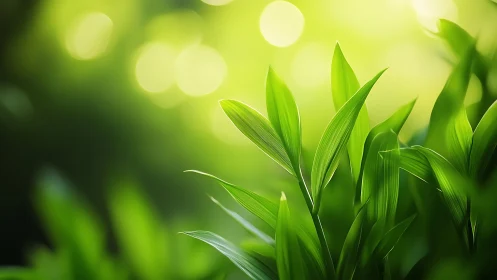 Fresh green leaves glow softly in dreamy sunlight bokeh.