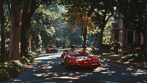 Red sports car on tree-lined suburban street in sunlit scene.