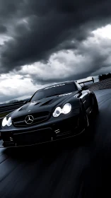 Black Mercedes race car moves on wet track under dark clouds