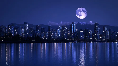 Moonlit city skyline glowing softly over calm blue water.