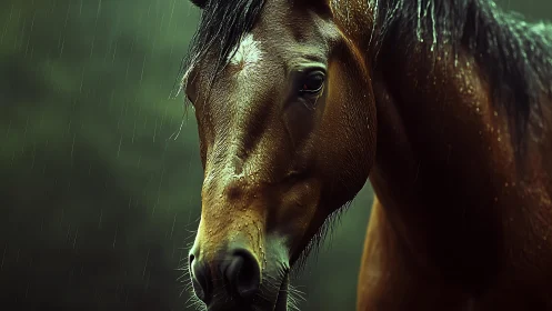 Gentle brown horse standing calmly in the soft falling rain.