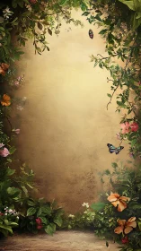 Golden garden frame surrounds tranquil butterflies in flight