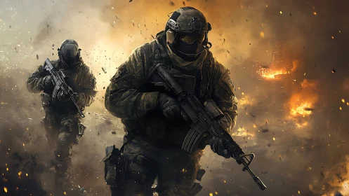 Two armed soldiers advance through burning battlefield smoke