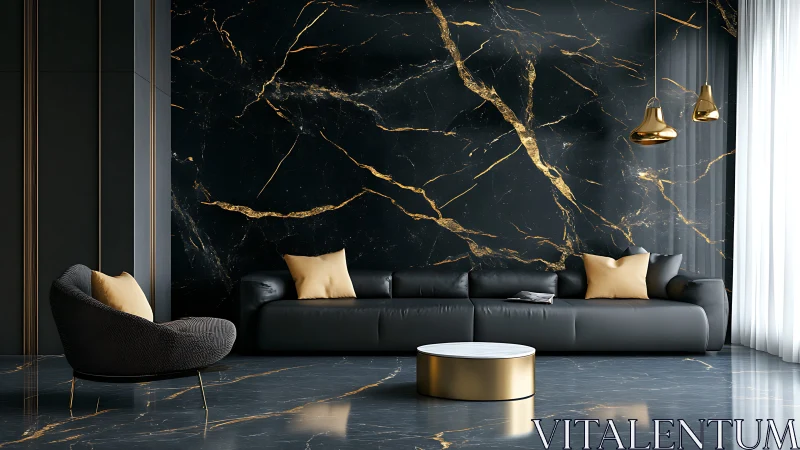 Modern living room shows black marble with gold veining