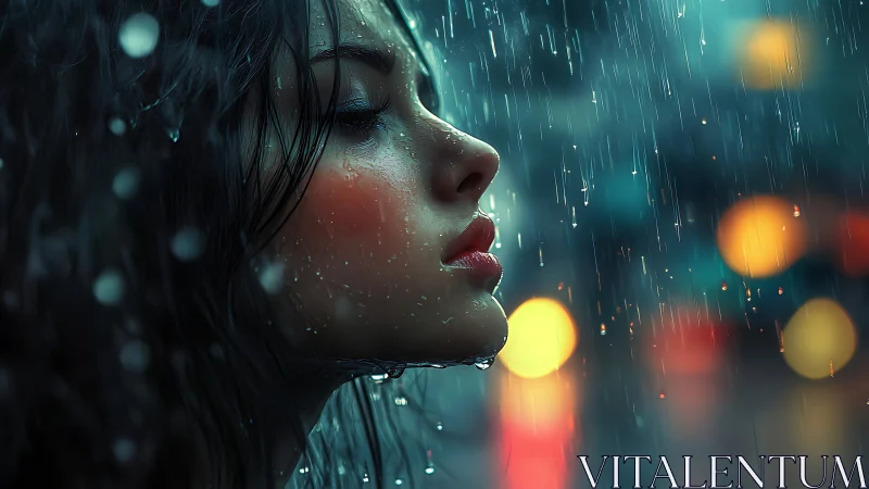 Side profile of young woman in rainy city night scene.