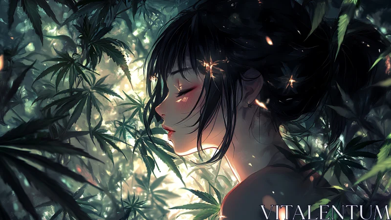Luminous foliage immersion with backlit anime profile study.