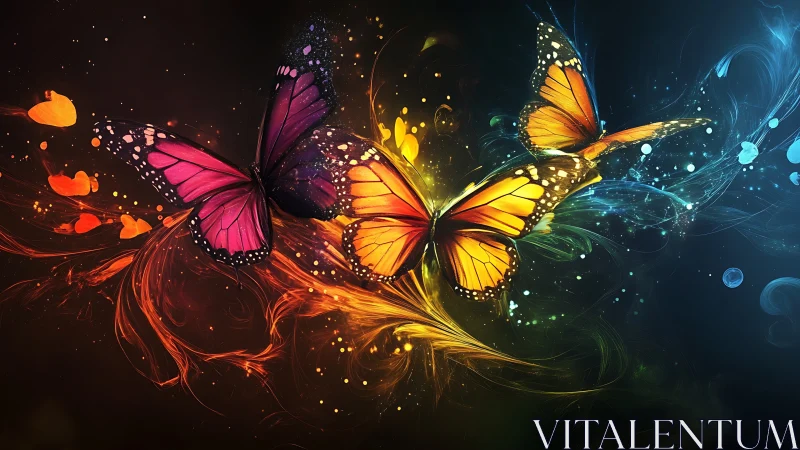 Vibrant butterflies soar through glowing swirls of cosmic color