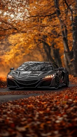 Midnight supercar prowls through molten autumn forest road.